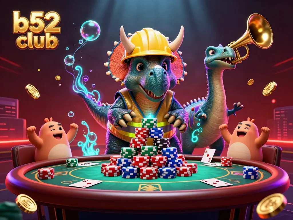 Engage with the thrilling atmosphere of b52 club, where a triceratops builds a winning poker chip pyramid amidst colorful casino excitement.