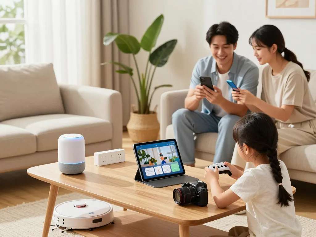 Modern living room showcasing tech gadgets for home, including smart speakers and a tablet, with a family engaged in interactive activities.
