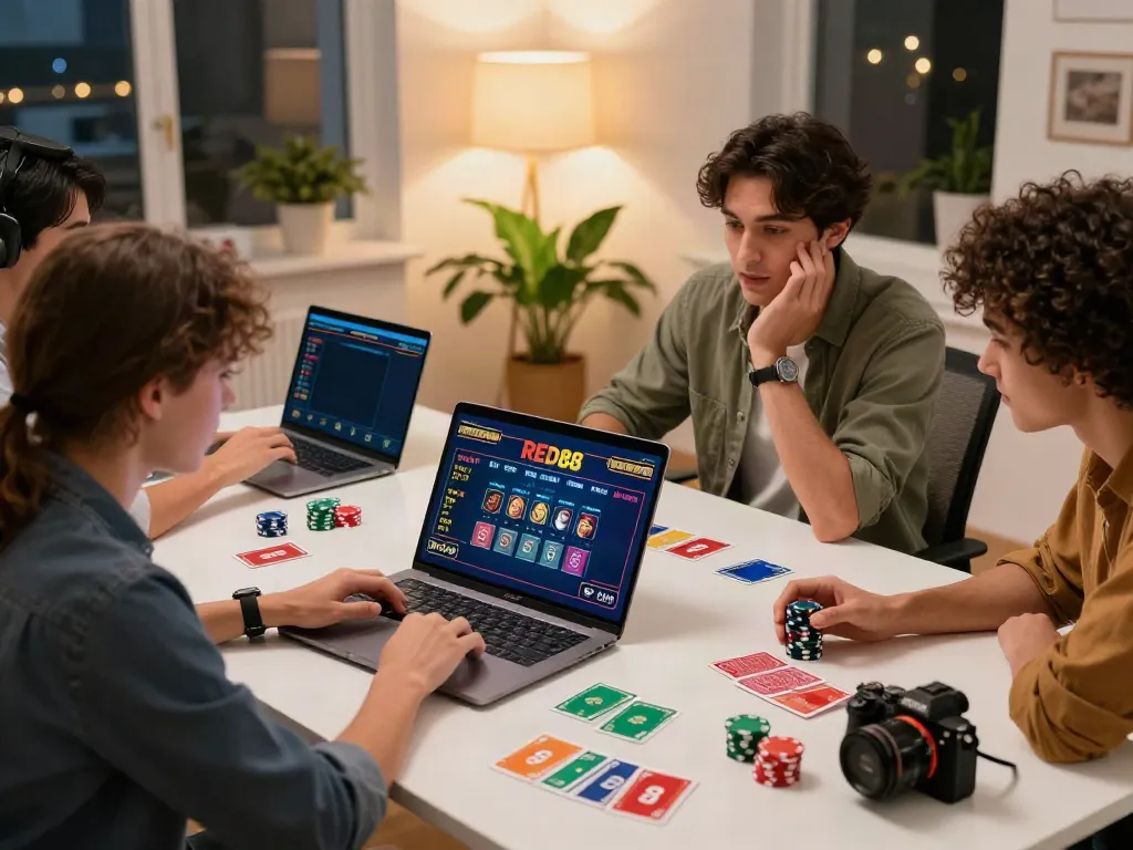 Exciting gambling moment featuring friends enjoying live casino games on https://red88.limited/ with vibrant elements and cozy home setting.