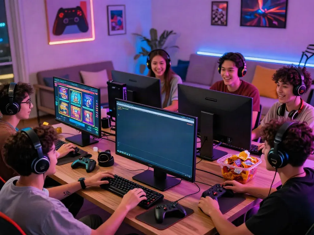 Friends enjoying a gaming session on the DA88 platform, surrounded by gaming gear and a lively atmosphere.