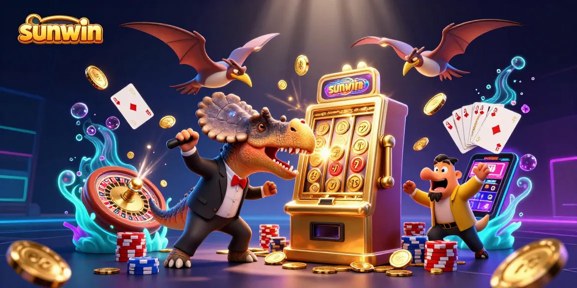 Watch sunwin's pachycephalosaurus hit a slot machine, showering coins, in a vibrant casino scene.