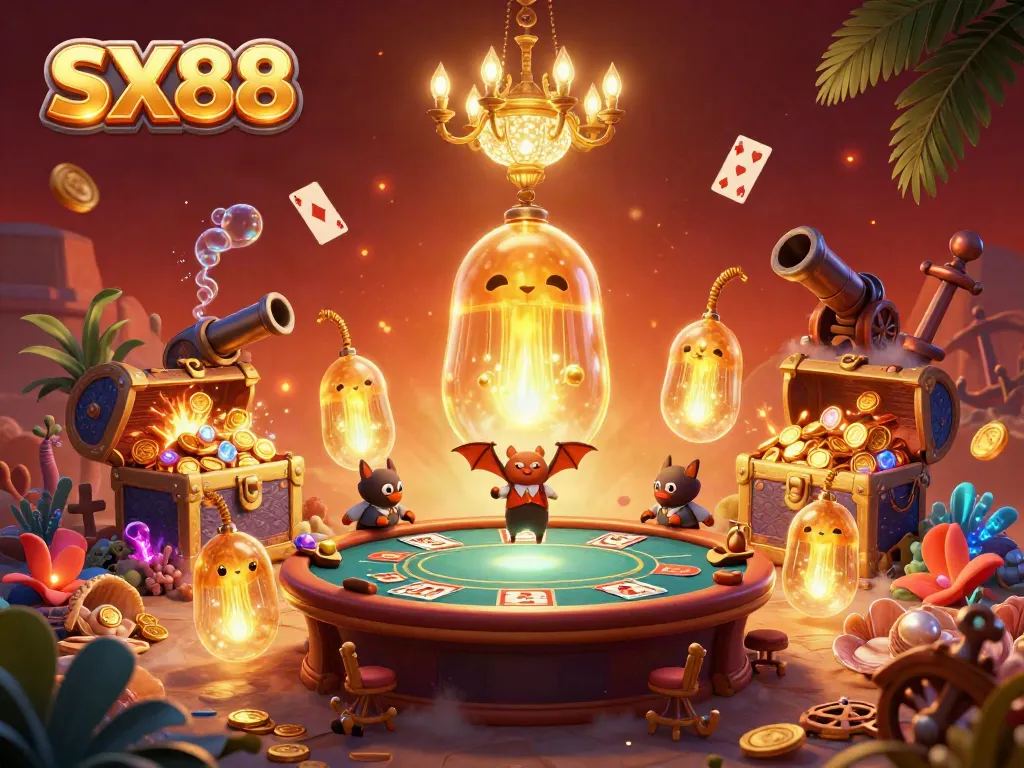 SX88 vibrant casino scene lit by glowworms and featuring a bat dealer amidst glowing treasures