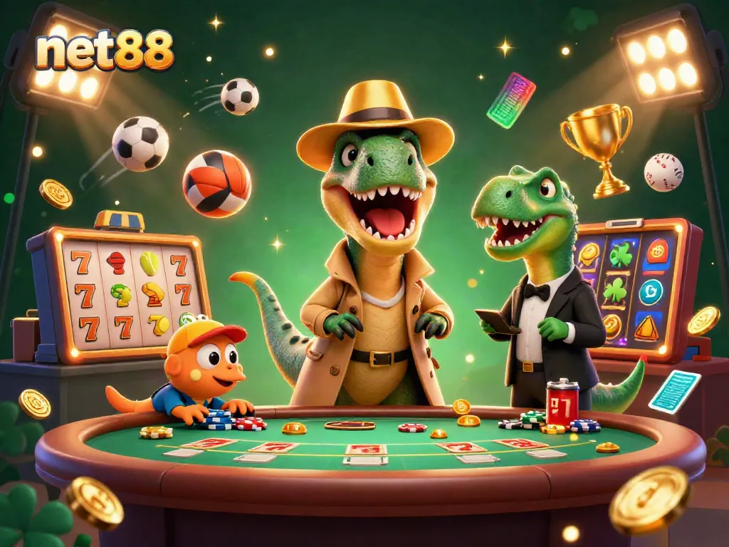 Engage with net88's thrilling slot experience featuring cartoon dinosaurs at a blackjack game.