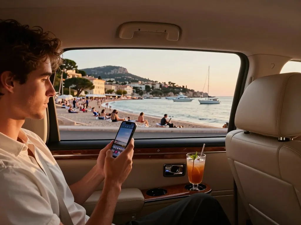 Expérience de voyage en Taxi à Saint-Tropez avec un intérieur luxueux et des vues pittoresques sur la Riviera.