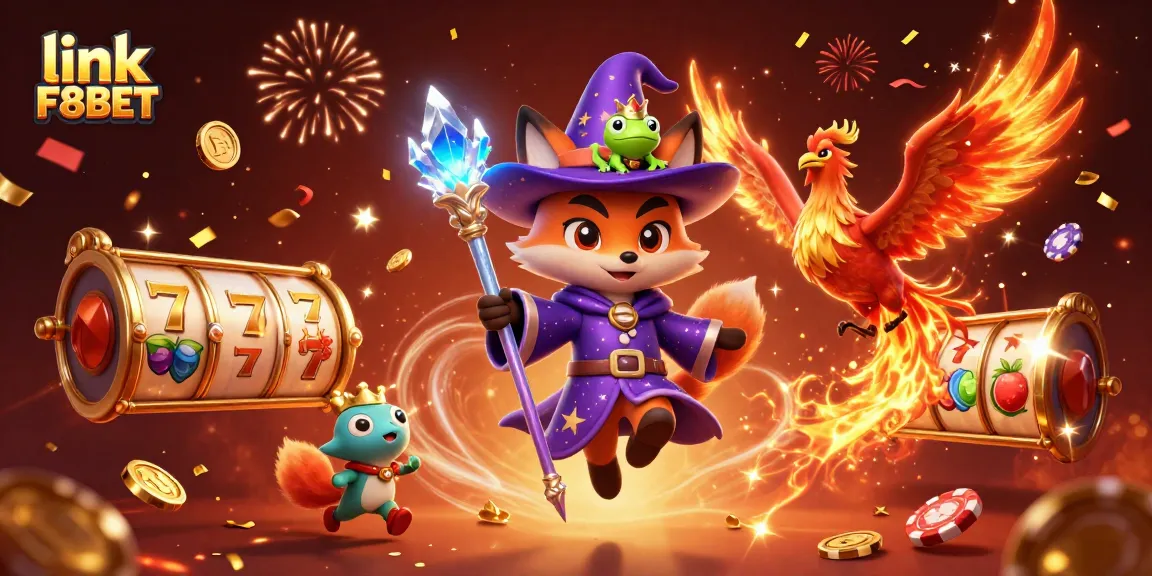 Experience the excitement of online gaming with link F8BET showcasing dazzling slot reels and animated casino elements.