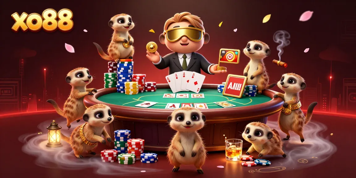Experience excitement with xo88's vibrant casino scene featuring meerkats and poker elements.