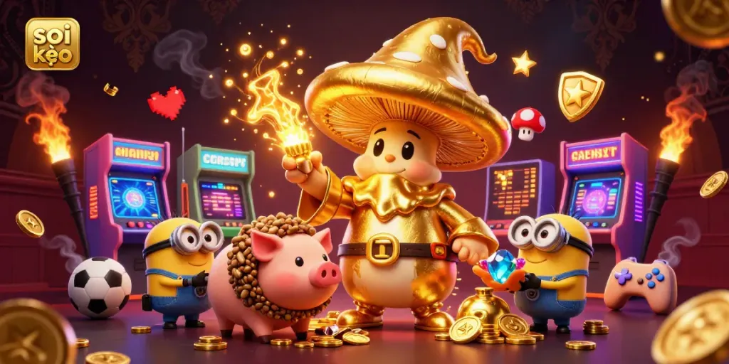 Soi kèo sports betting scene with a golden mushroom wizard, truffle pig, and dynamic game elements.
