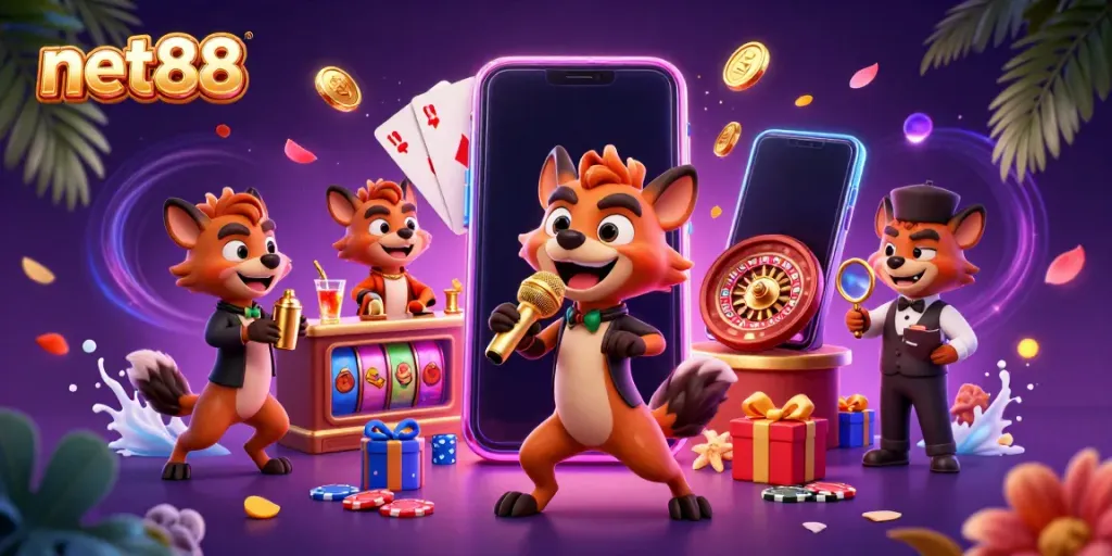 Hyenas in a vibrant casino scene showcasing net88 with slot games, cocktails, and dynamic decor.